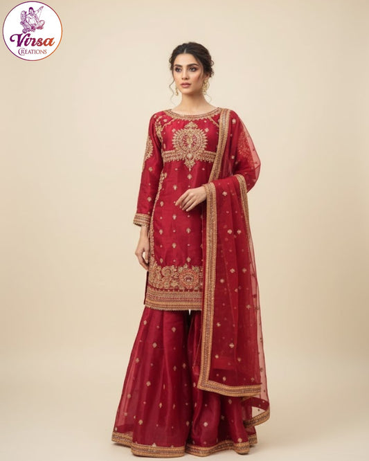 Crimson Heritage Sharara Set with Antique Gold Zari
