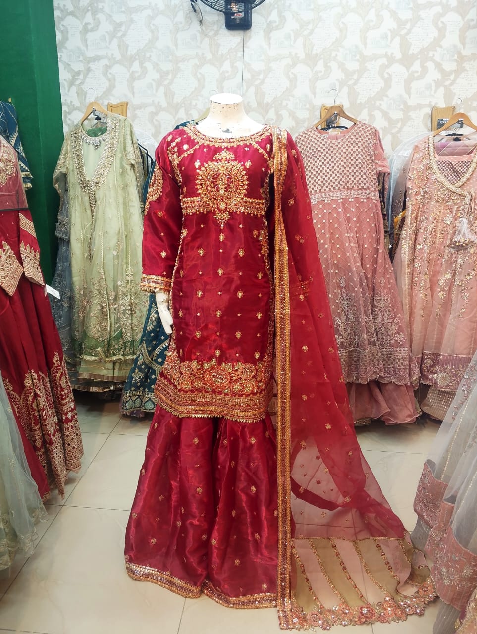 Crimson Heritage Sharara Set with Antique Gold Zari